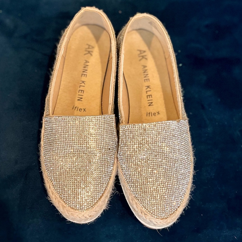 Rhinestone Anne Klein espadrille loafers.